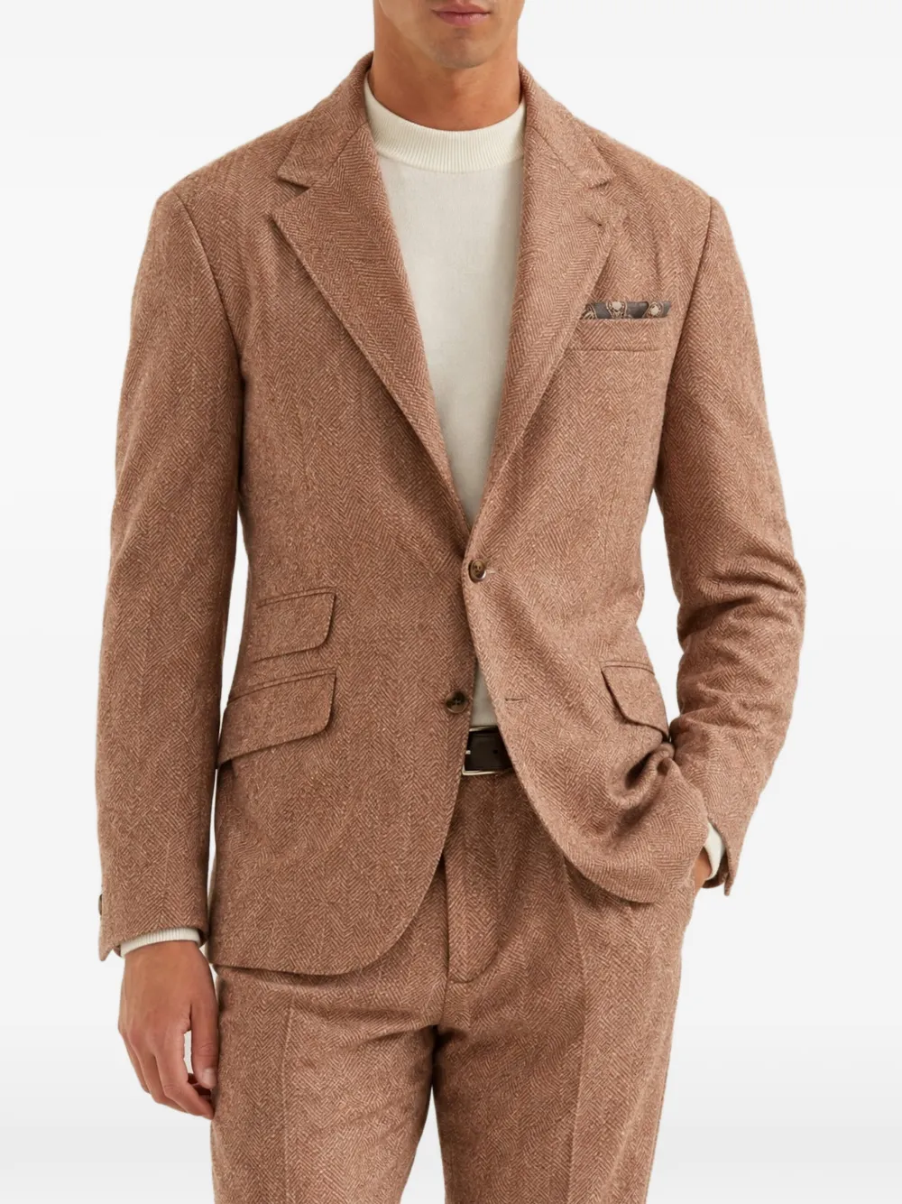 Brunello Cucinelli herringbone single-breasted suit Bruin