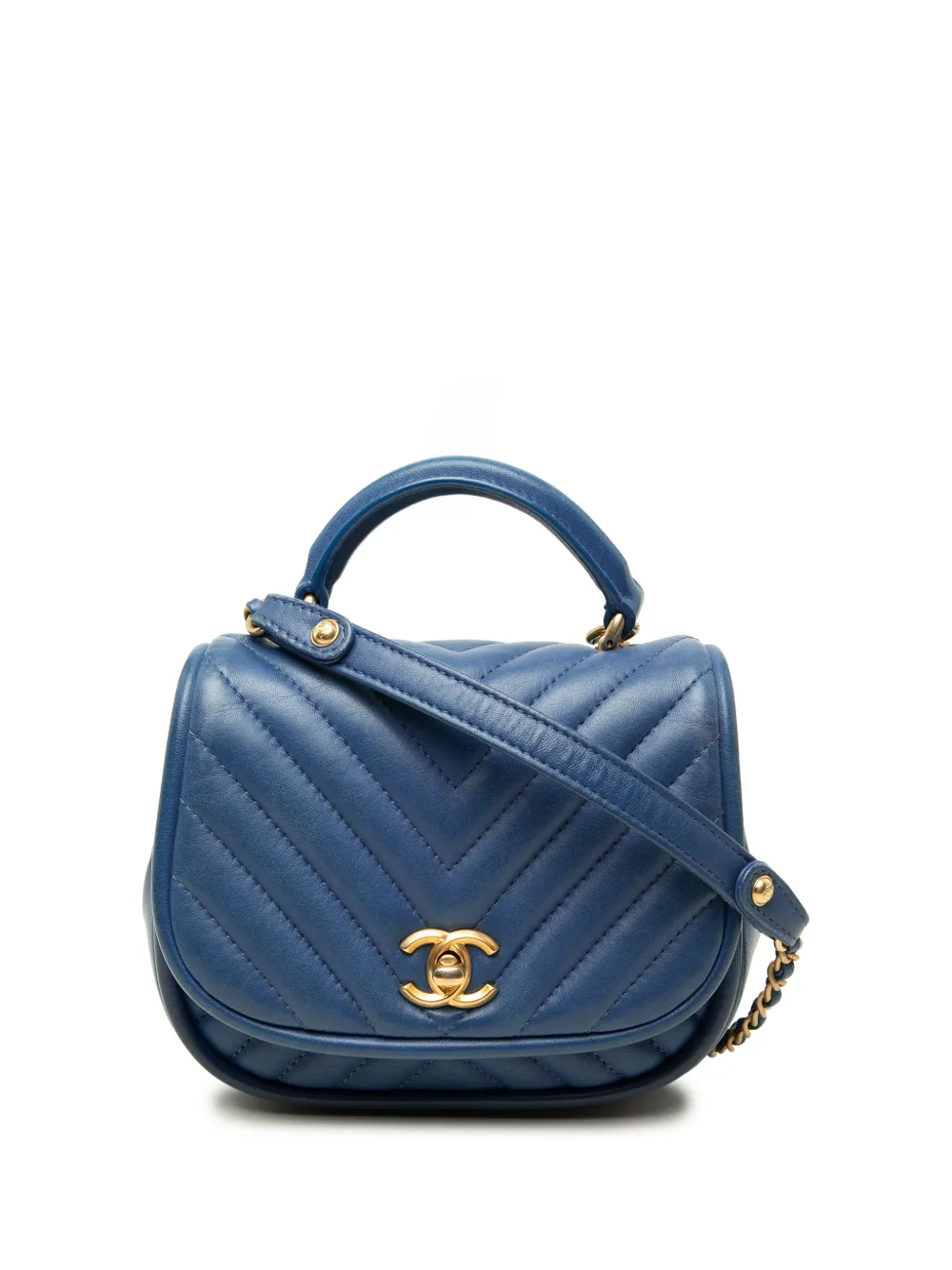 CHANEL Pre-Owned 2017-2018 Mini CC Chevron Lambskin Reversed Round Flap satchel - Blu