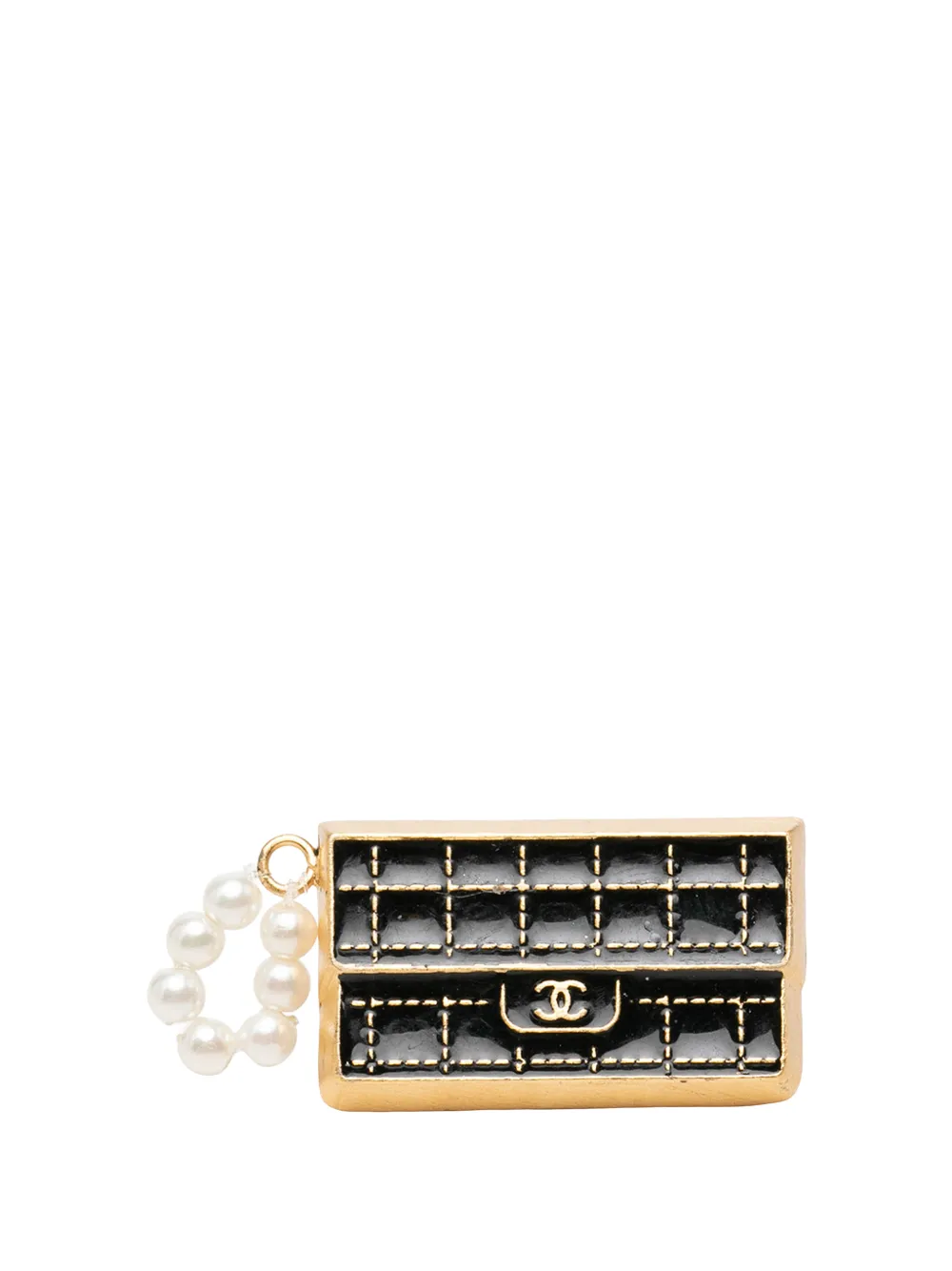 CHANEL Pre-Owned 2002 CC Gold Plated Choco Bar Enamel and Faux Pearl Flap Bag Brooch costume brooch