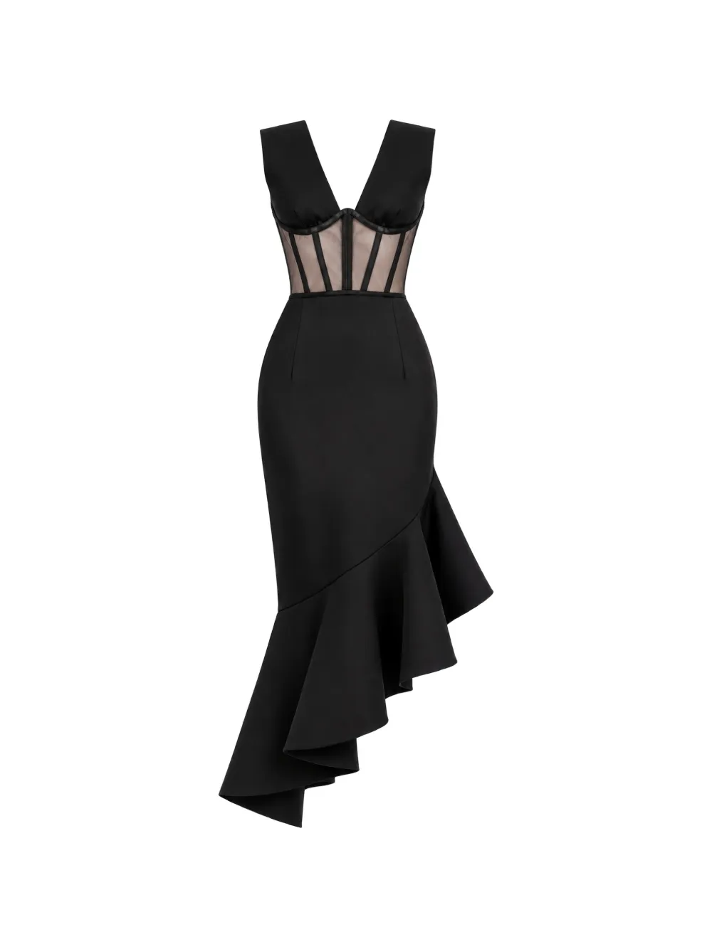 MONARH corset-style asymmetrical-hem midi dress Zwart