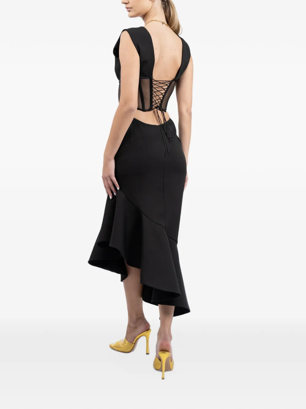 MONARH corset-style asymmetrical-hem midi dress Zwart