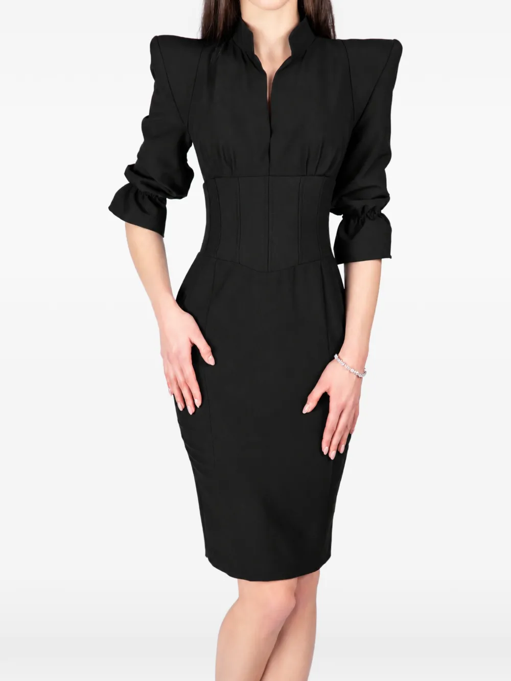 MONARH Rochie structured-shoulder corset-style midi dress Zwart