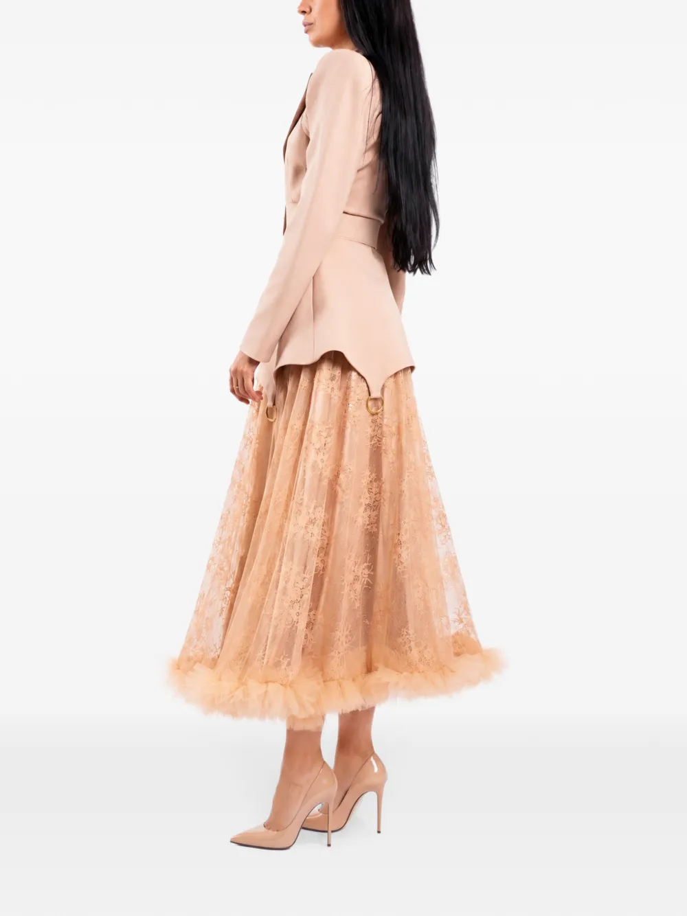 MONARH Fusta lace ruffle-trim midi skirt Beige