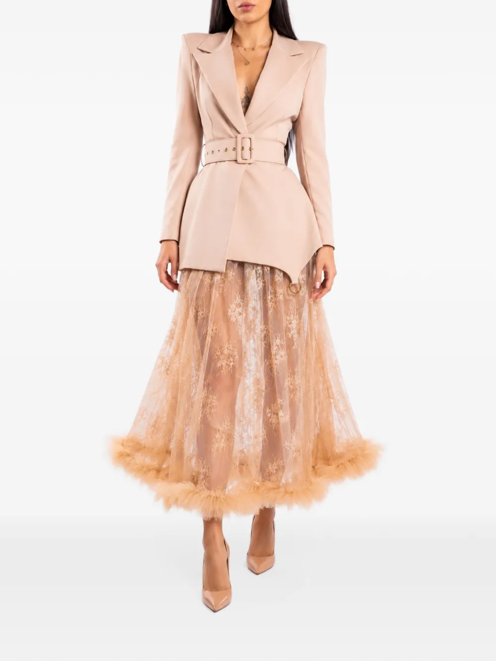 MONARH Fusta lace ruffle-trim midi skirt Beige