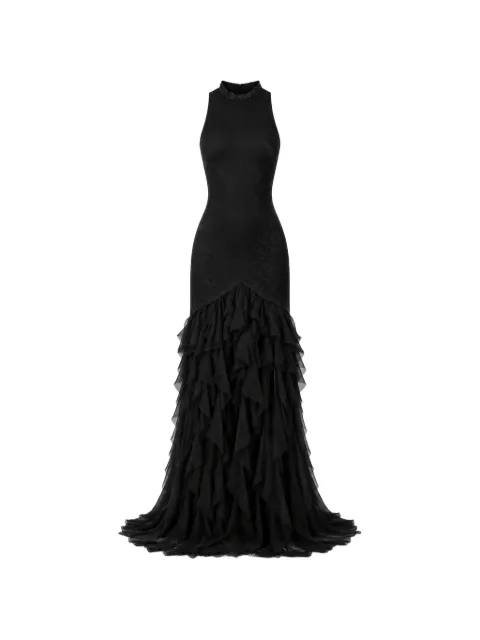 MONARH ruffled lace-panel gown