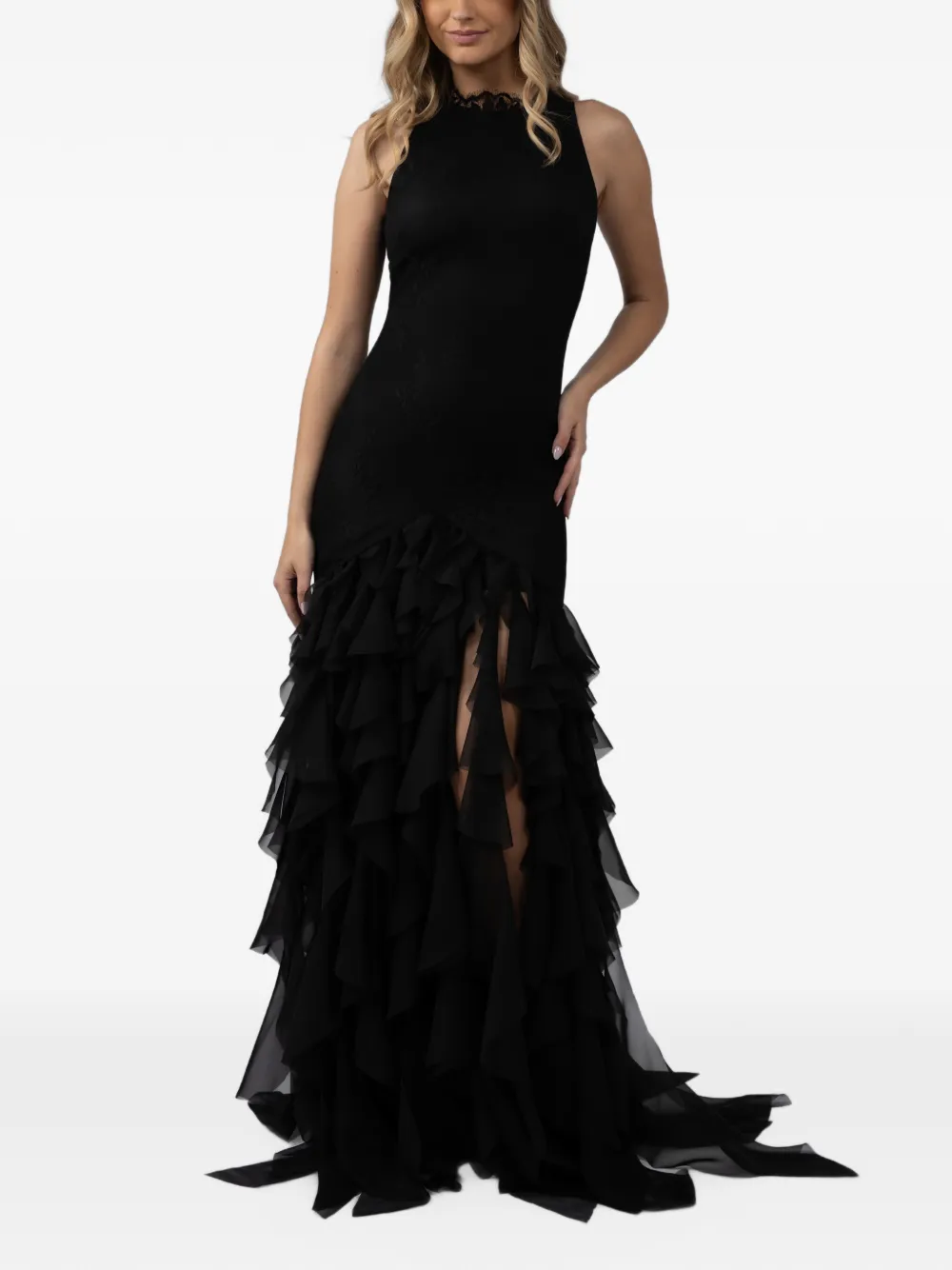 MONARH ruffled lace-panel gown Zwart