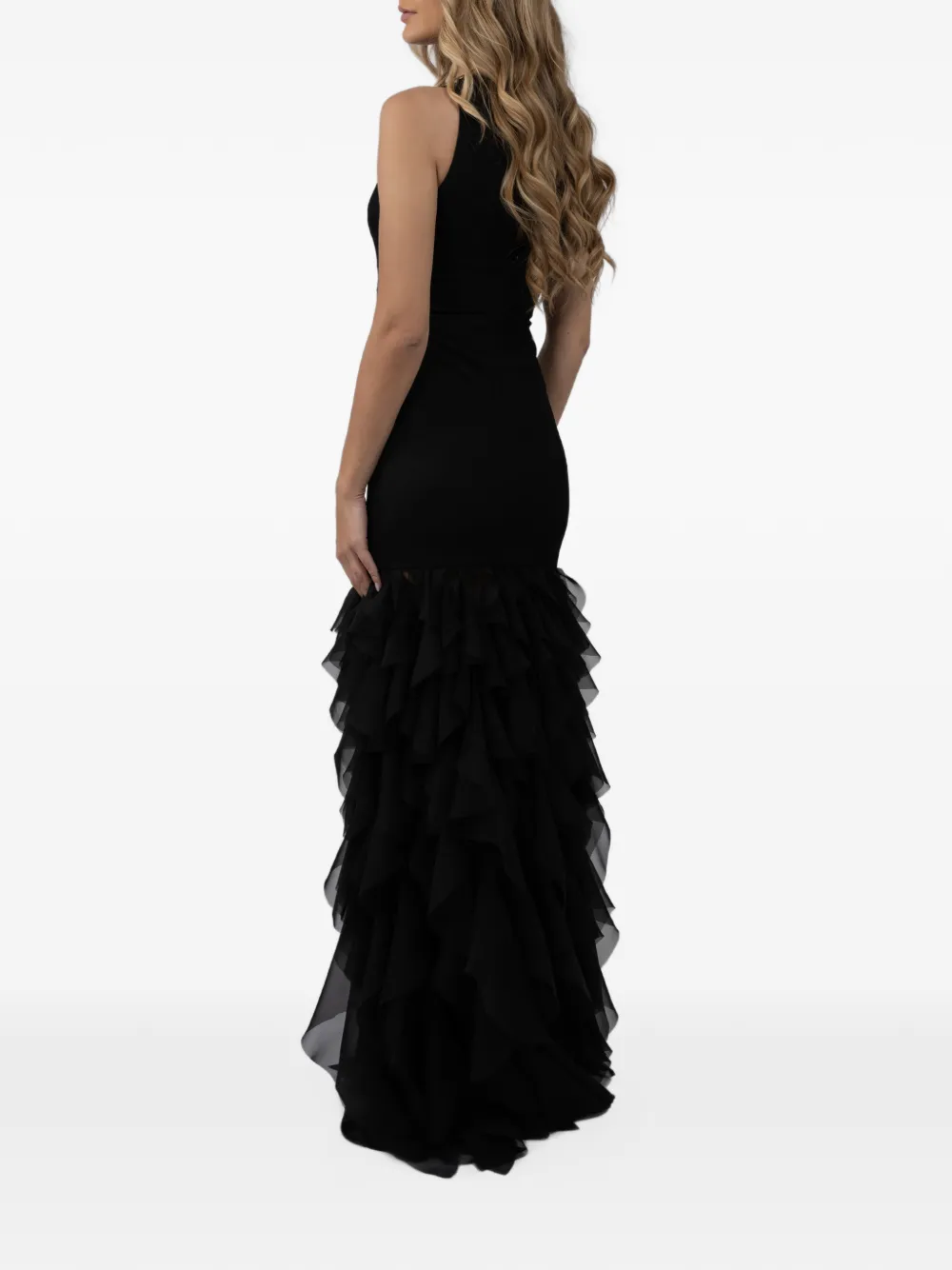MONARH ruffled lace-panel gown Zwart