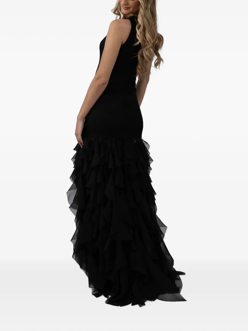 MONARH ruffled lace-panel gown Zwart