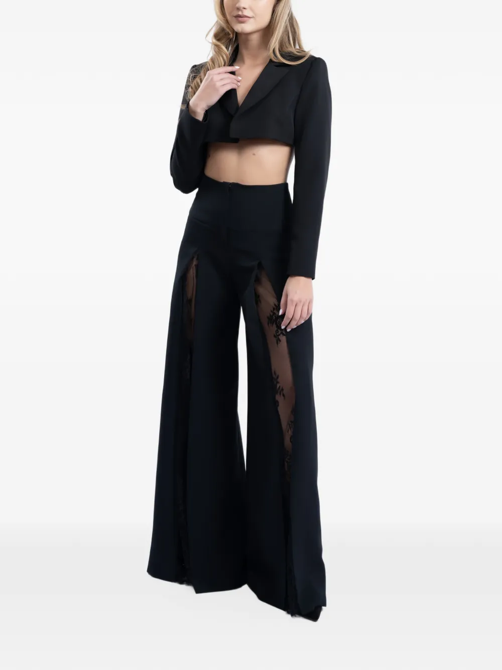 MONARH Chantilly lace-insert palazzo trousers Zwart