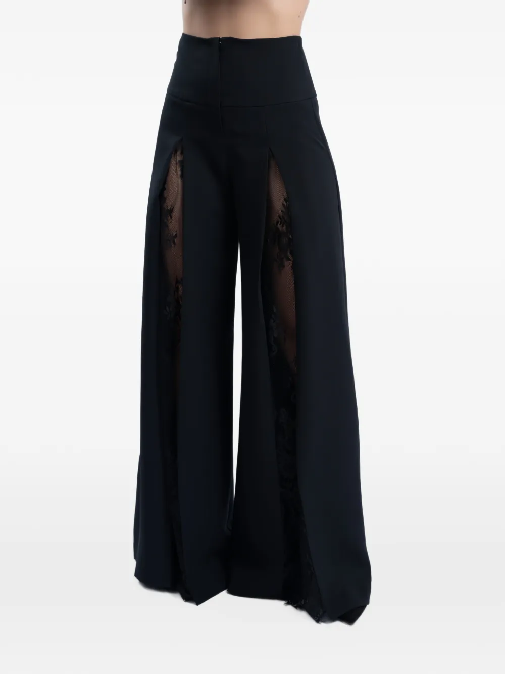 MONARH Chantilly lace-insert palazzo trousers Zwart