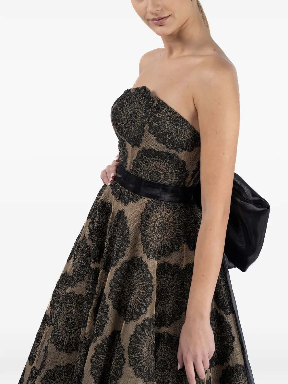 MONARH bow-detail lace-pattern midi dress Zwart