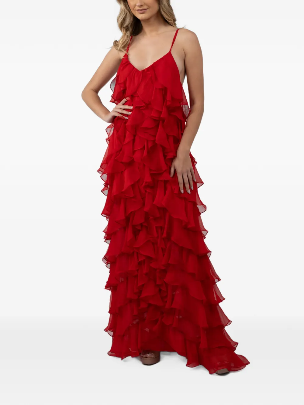 MONARH ruffled tiered maxi dress Rood