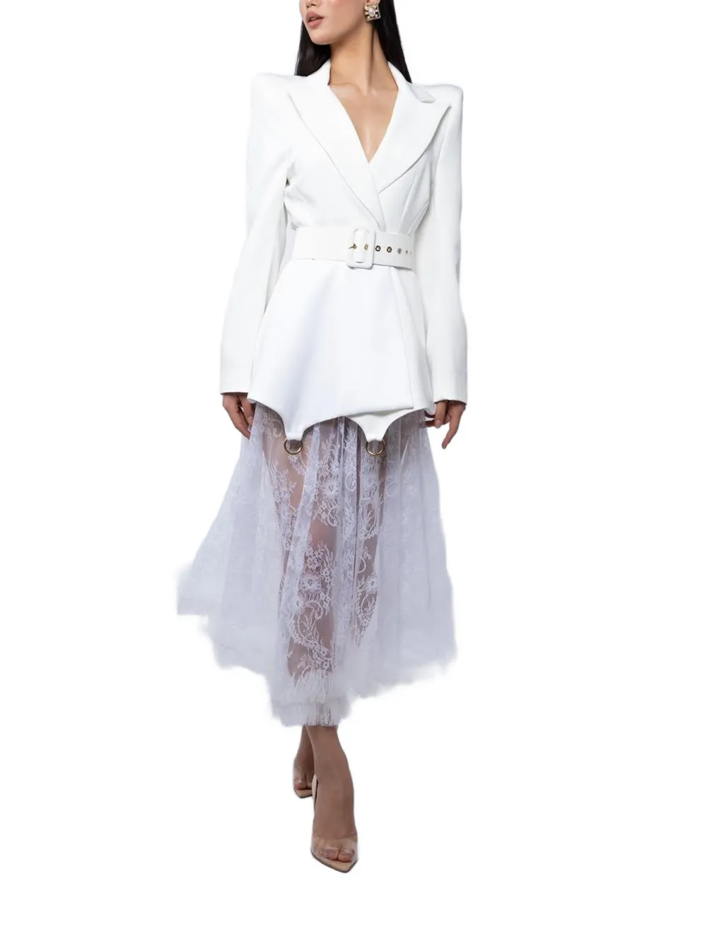 MONARH Fusta lace ruffle-trim midi skirt Wit