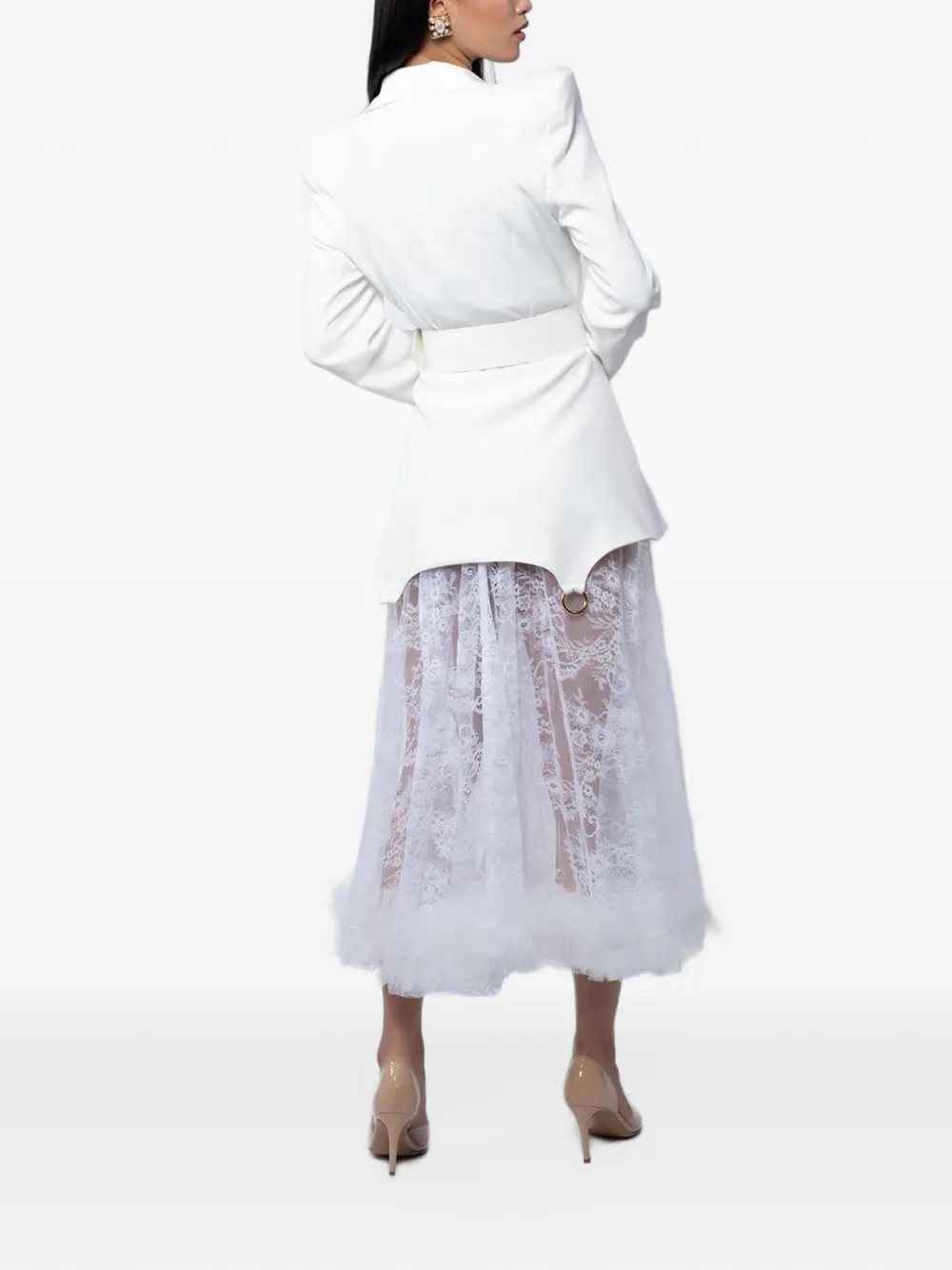 MONARH Fusta lace ruffle-trim midi skirt Wit