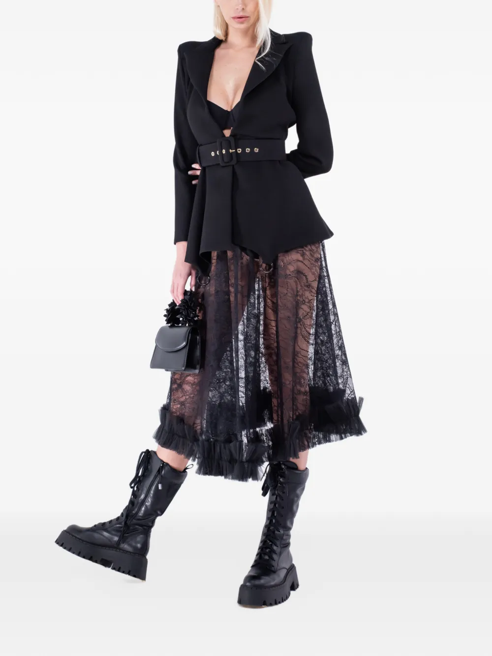 MONARH lace ruffled midi skirt Zwart
