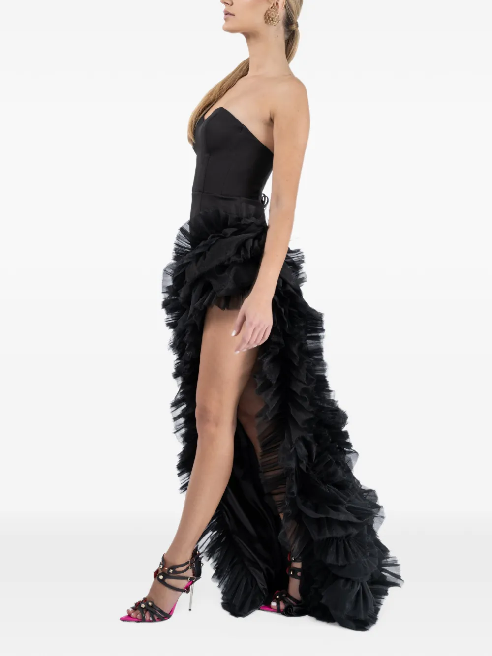 MONARH ruffled asymmetrical maxi dress Zwart
