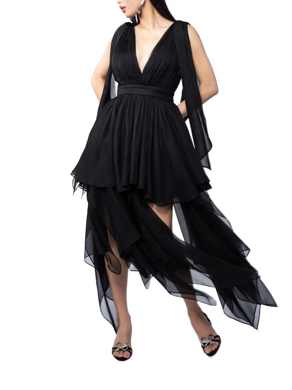 MONARH asymmetrical tiered mini dress Zwart