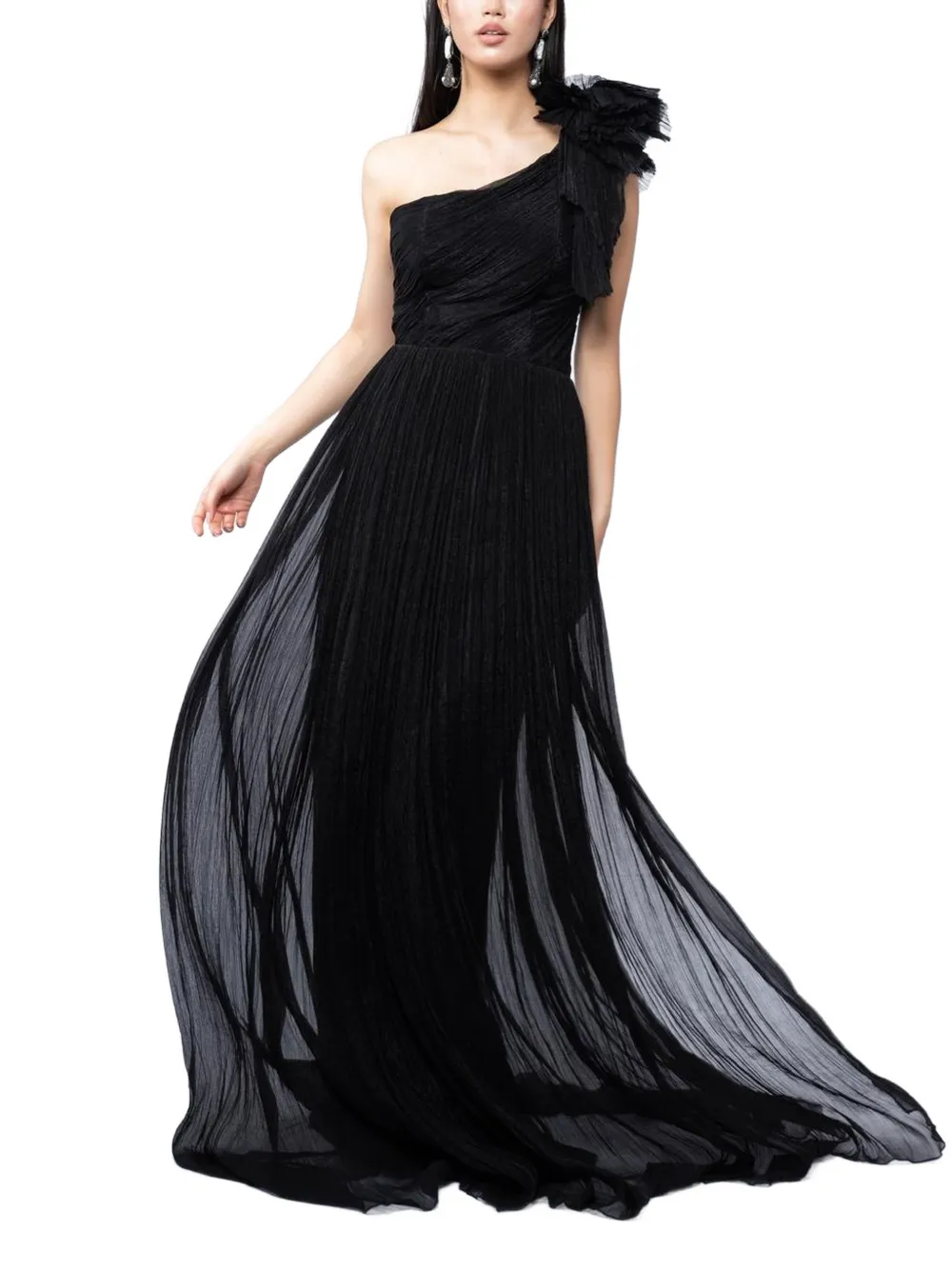 MONARH asymmetrical ruffled-shoulder maxi dress Zwart