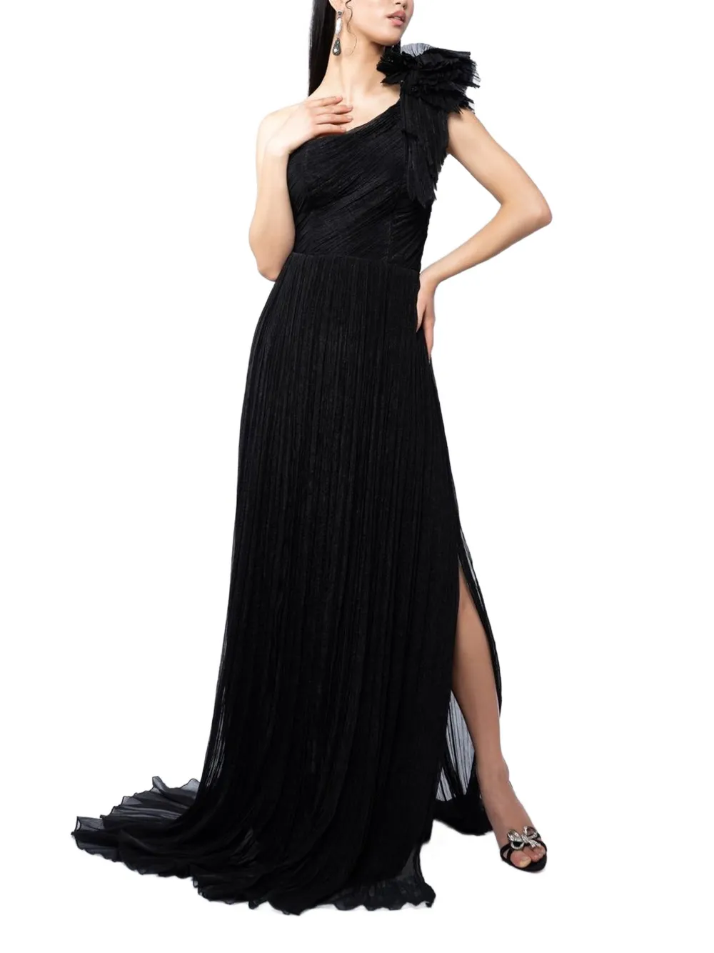 MONARH asymmetrical ruffled-shoulder maxi dress Zwart