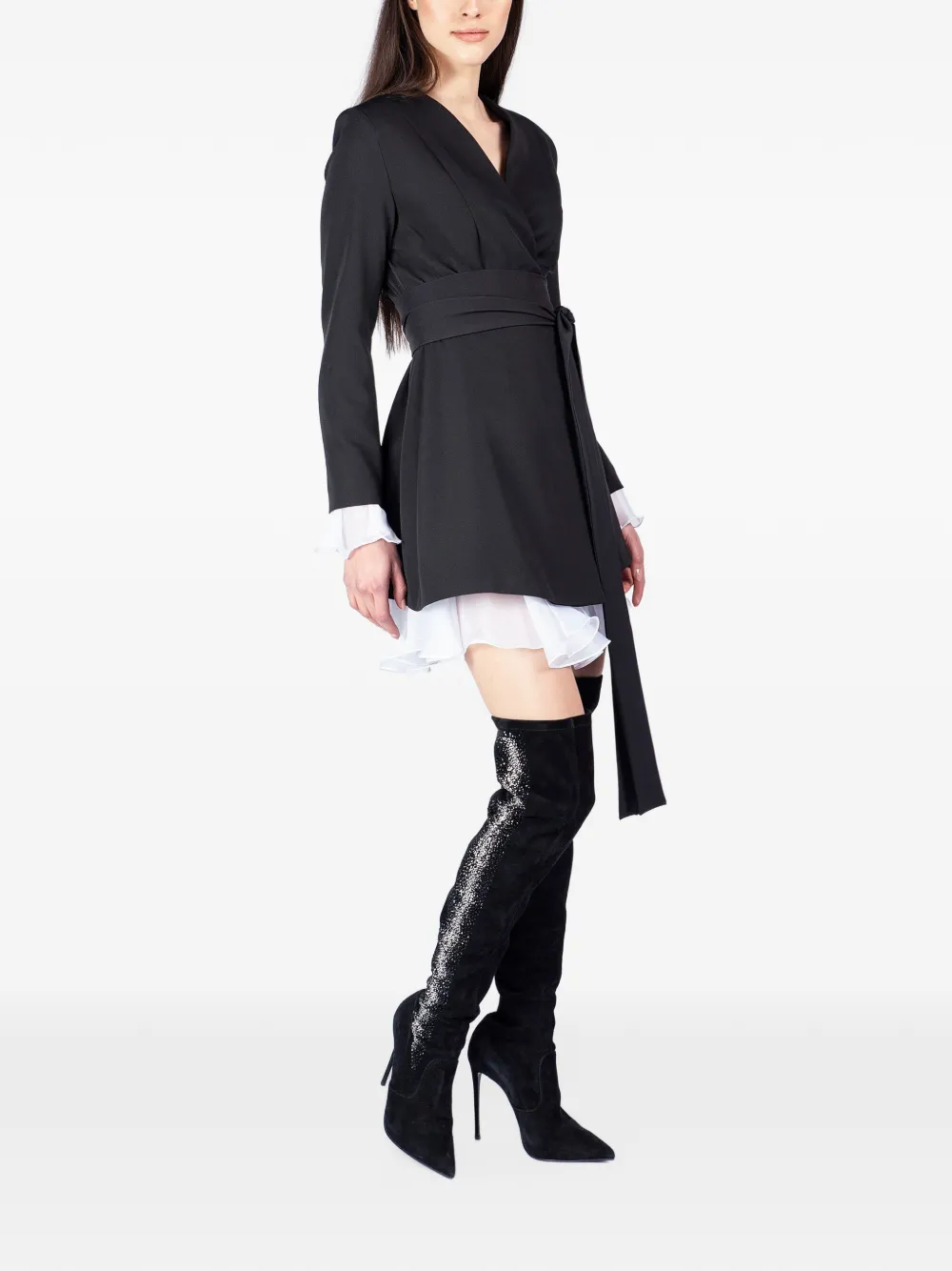MONARH ruffled-trim belted blazer mini dress Zwart