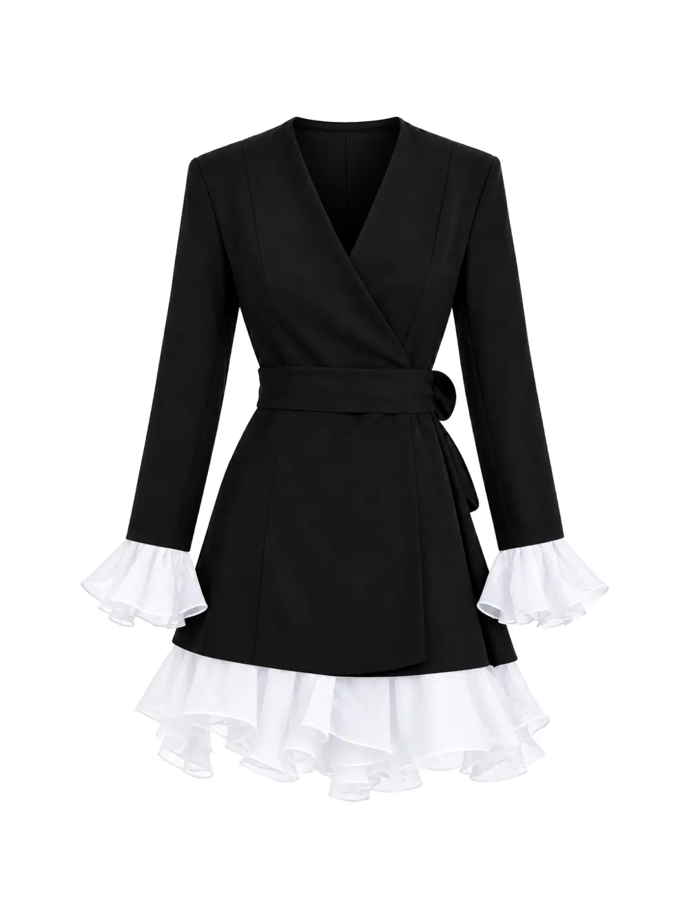 MONARH ruffled-trim belted blazer mini dress Zwart