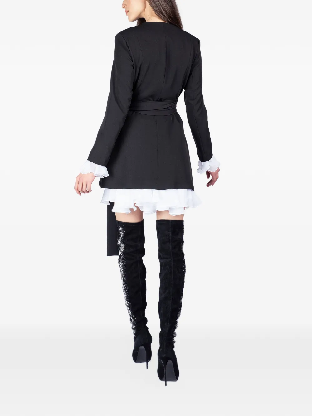 MONARH ruffled-trim belted blazer mini dress Zwart