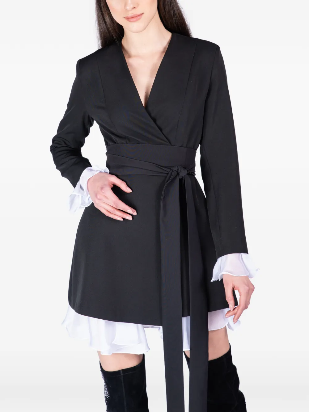 MONARH ruffled-trim belted blazer mini dress Zwart