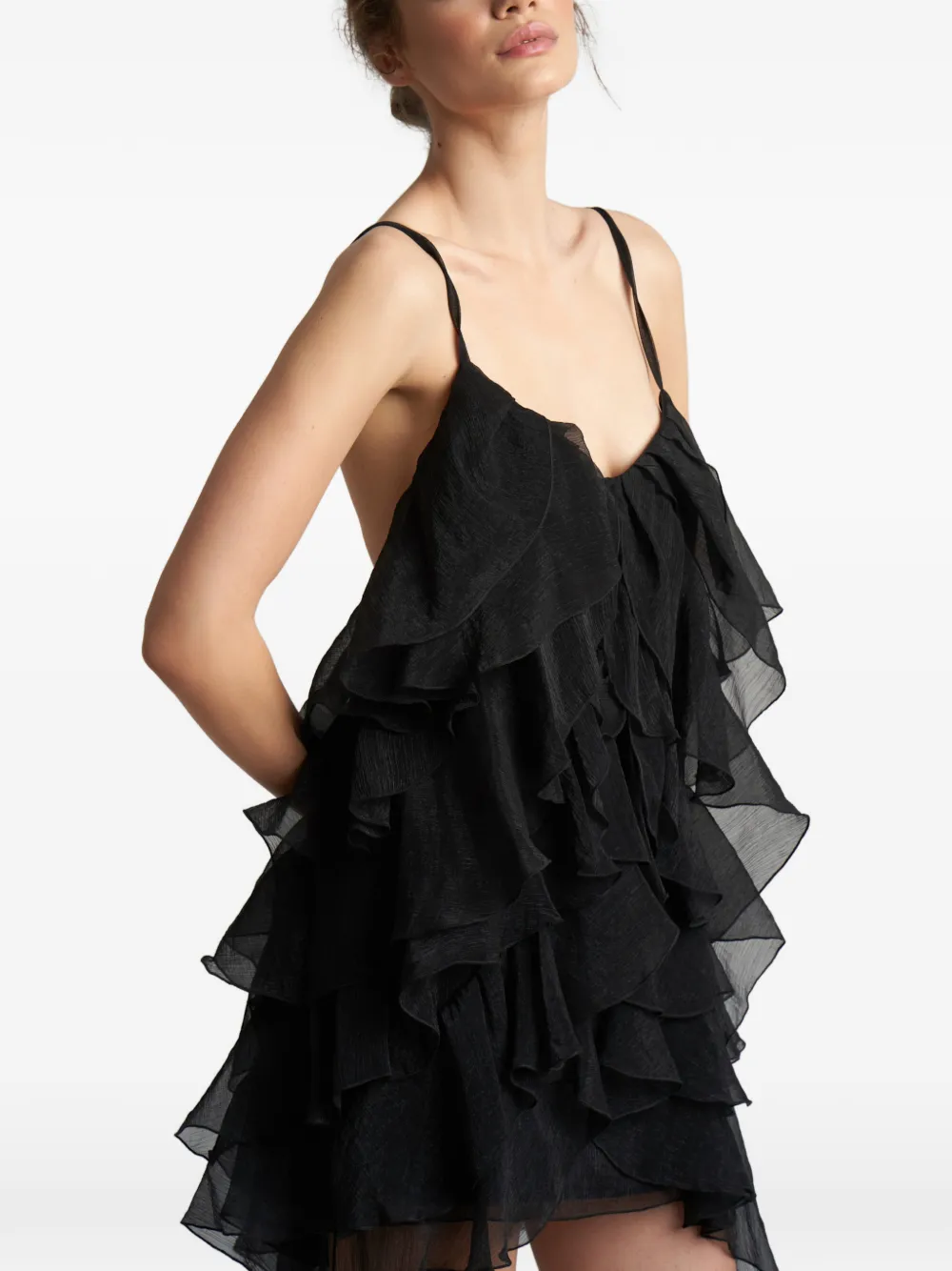 MONARH ruffled silk-blend mini dress Zwart