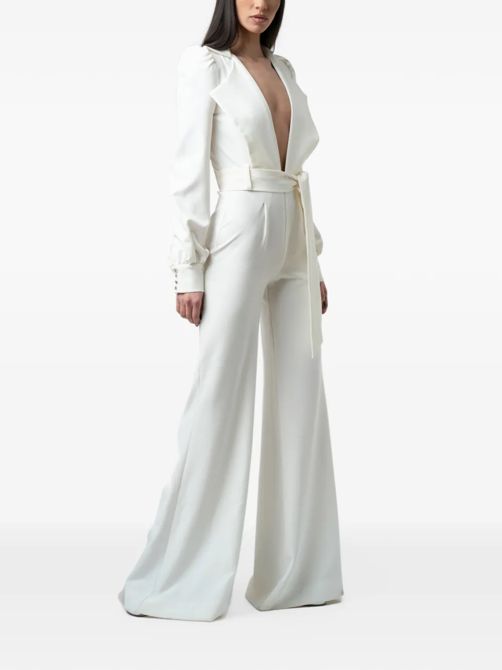 MONARH Jumpsuit met diepe hals en pofmouwen Wit