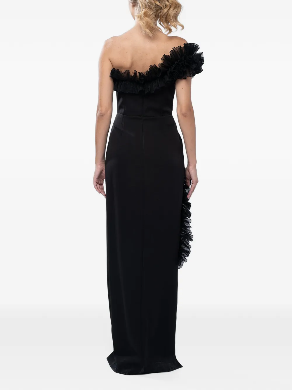 MONARH asymmetrical ruffled gown Zwart