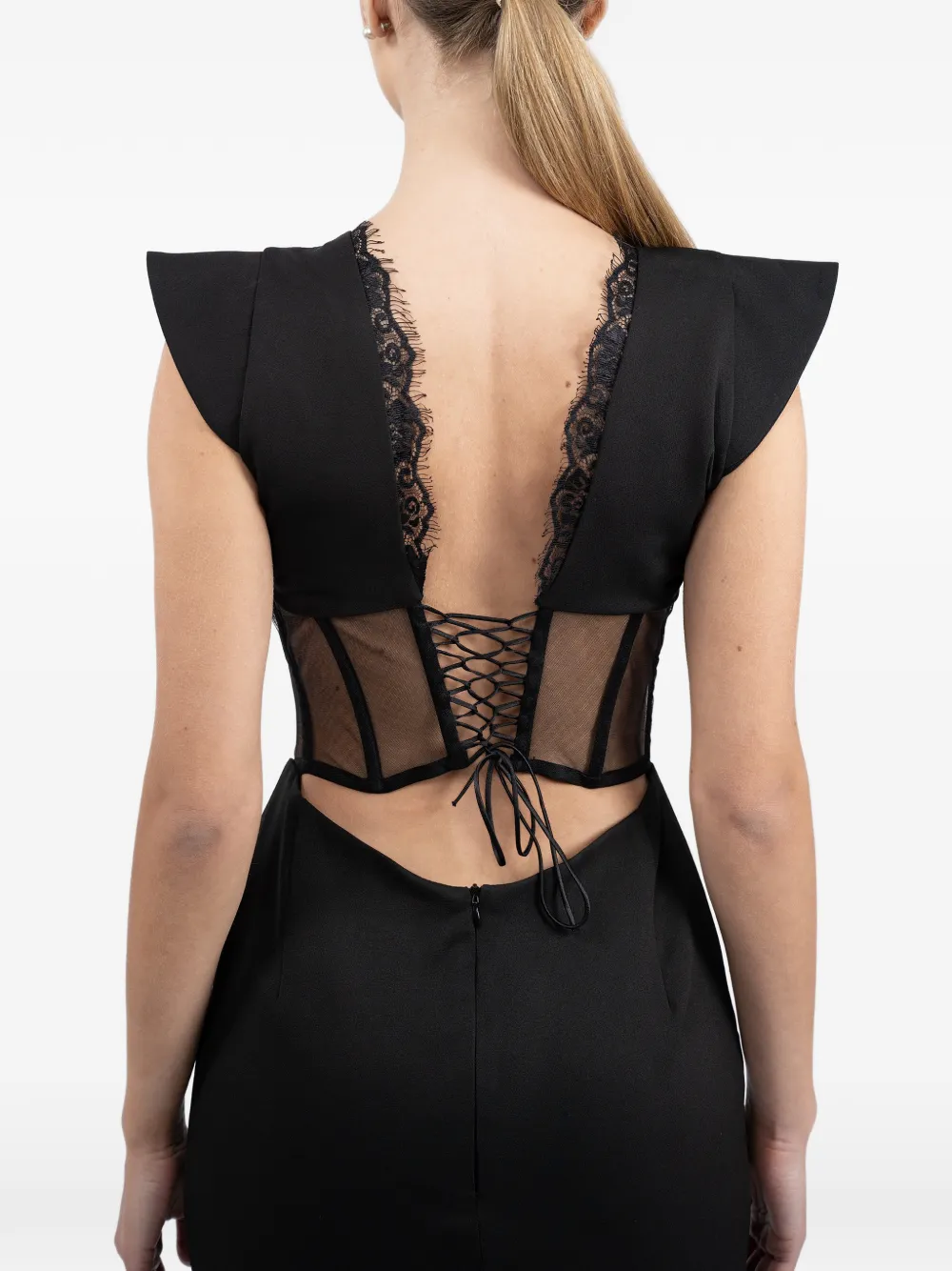 MONARH corset-style lace-trim midi dress Zwart