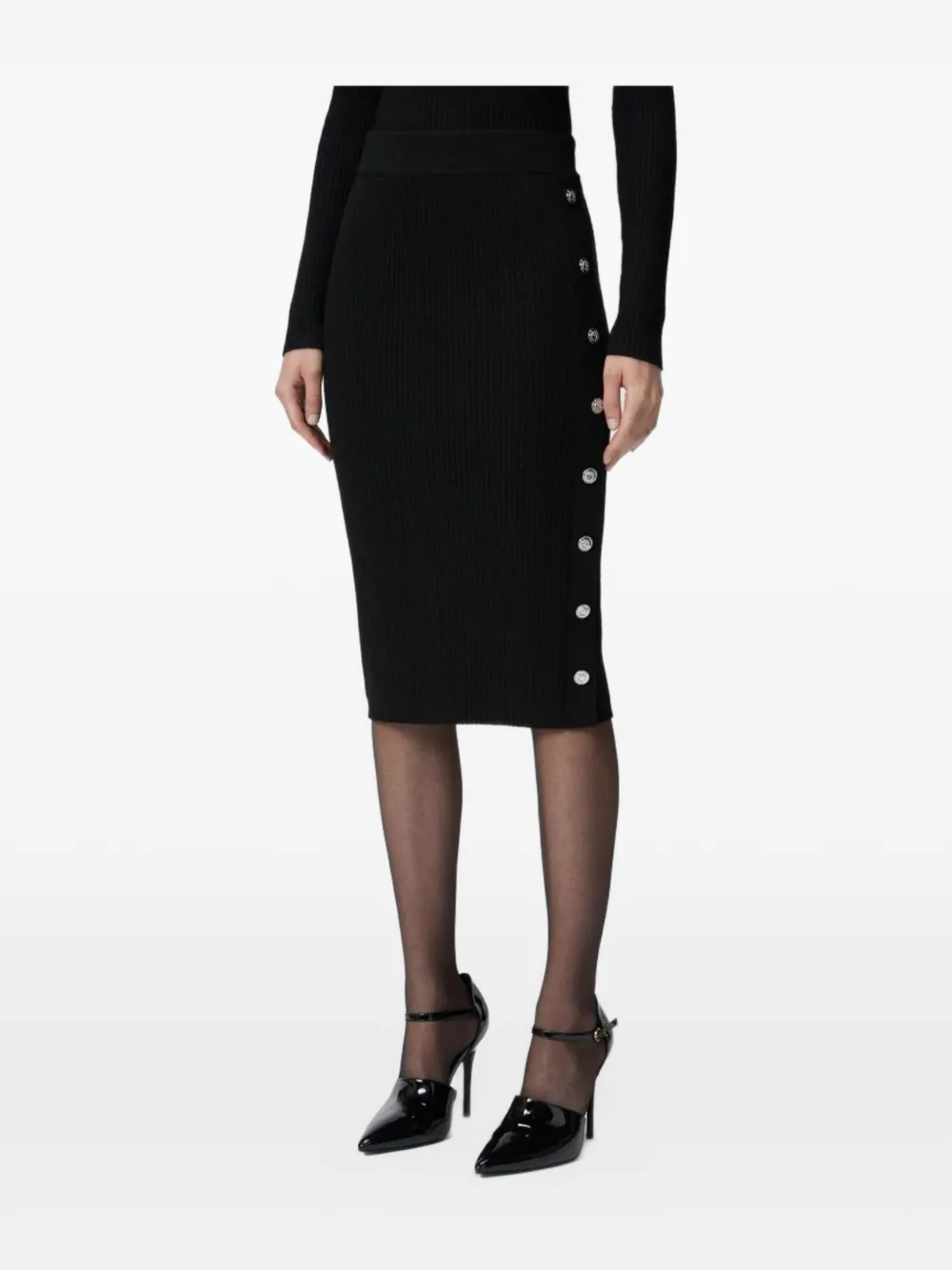 PINKO ribbed-knit button-detail midi skirt - Nero