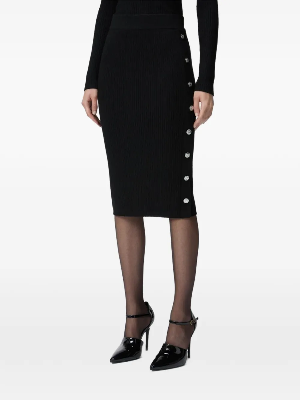 PINKO ribbed-knit button-detail midi skirt - Nero