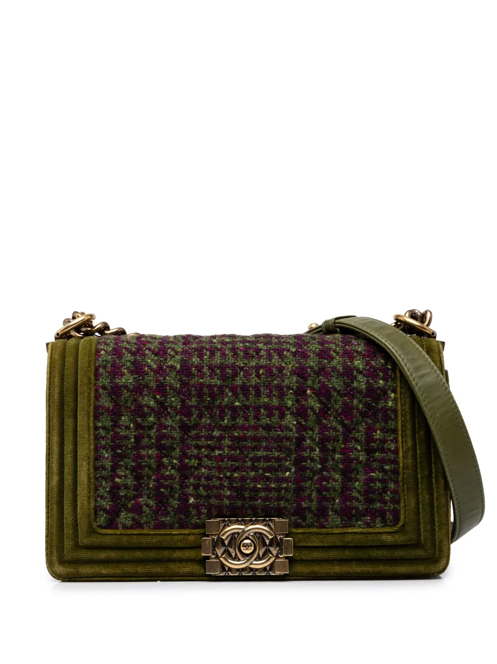 CHANEL Pre-Owned 2013-2014 Old Medium Tweed and Velvet Boy Flap crossbody bag - Verde