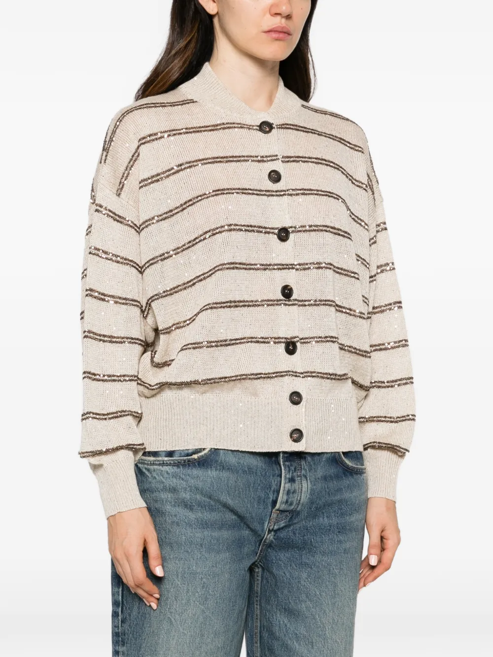 Brunello Cucinelli sequin-embellished striped cardigan Beige