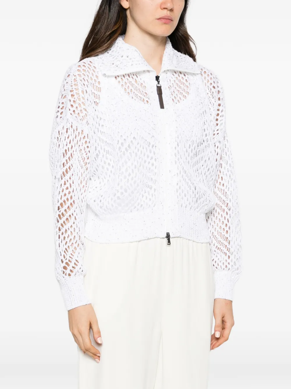 Brunello Cucinelli sequin-embellished open-knit cardigan Wit