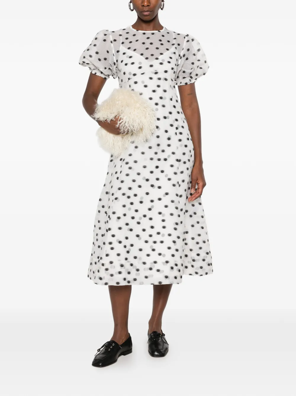 Stine Goya polka-dot puff-sleeve midi dress Wit