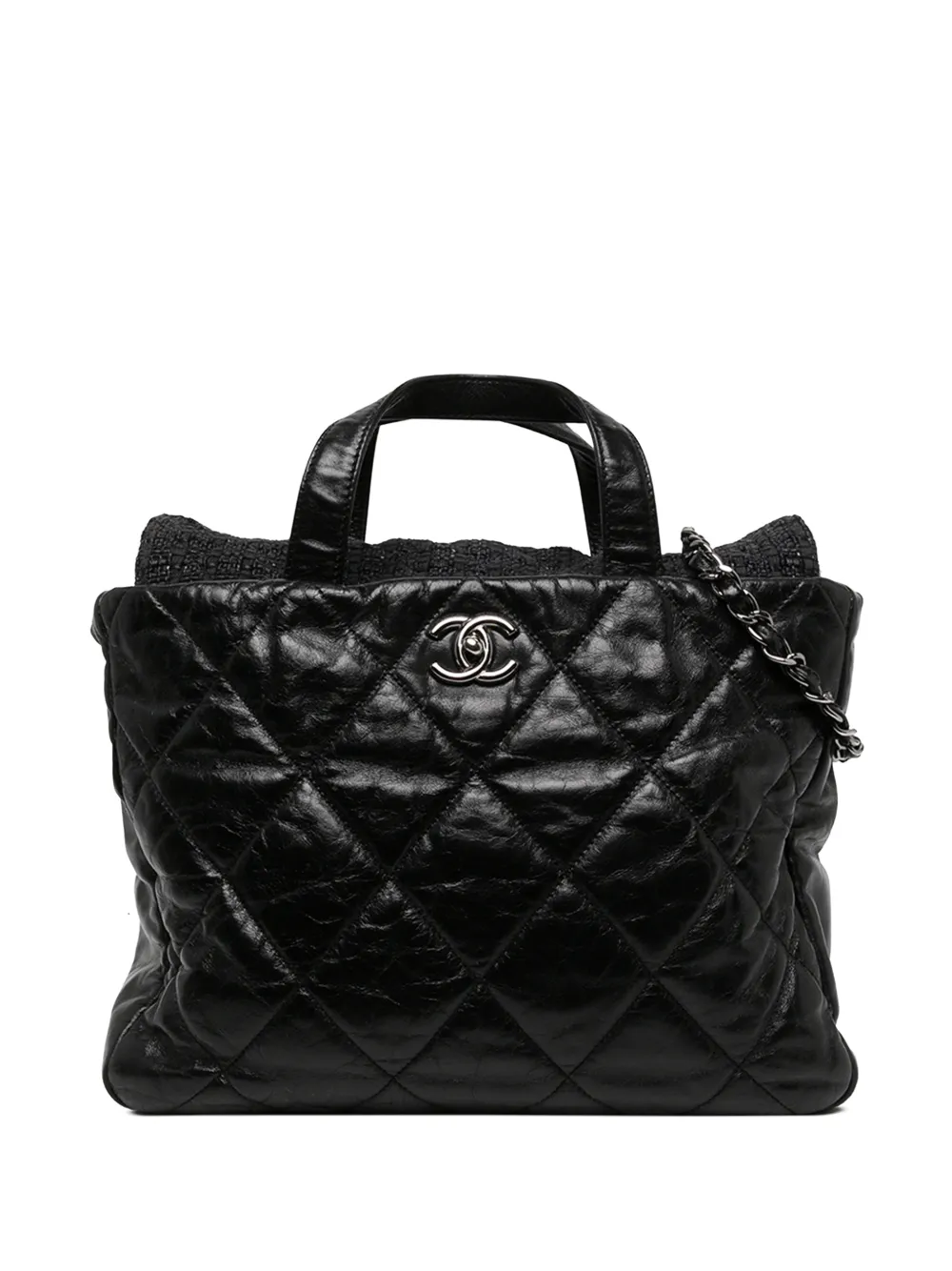 CHANEL Pre-Owned 2008-2009 Quilted Glazed Calfskin and Tweed Portobello Tote satchel - Black