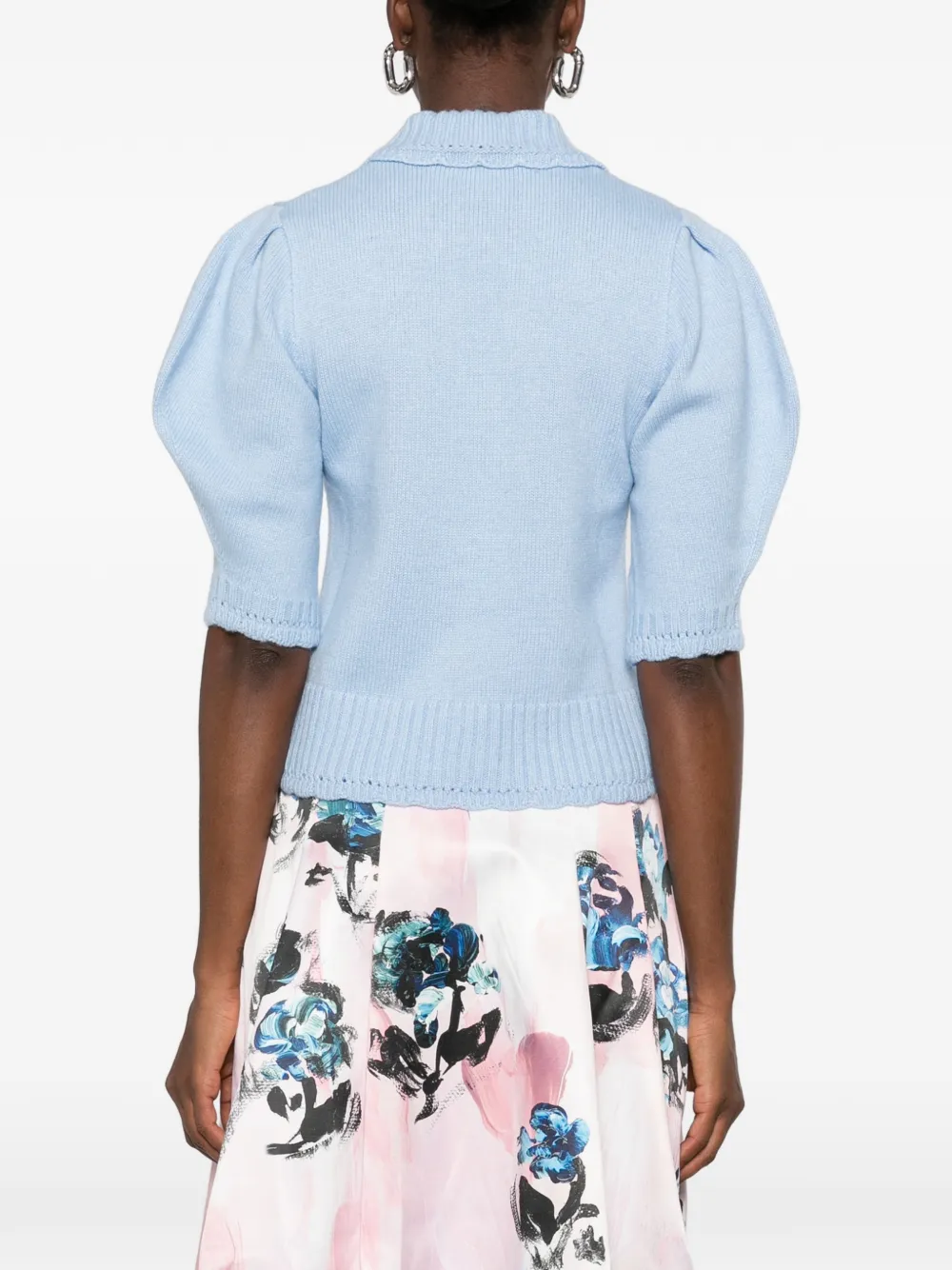 Stine Goya floral-embroidered puff-sleeve cardigan Blauw