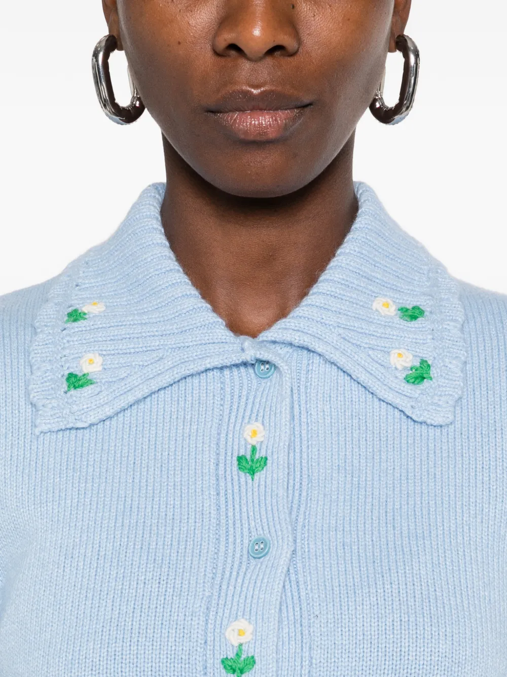 Stine Goya floral-embroidered puff-sleeve cardigan Blauw