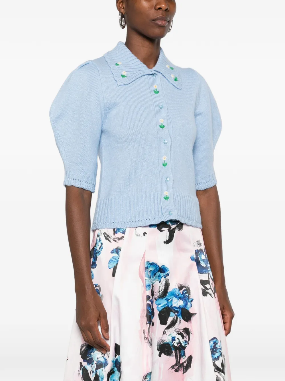 Stine Goya floral-embroidered puff-sleeve cardigan Blauw