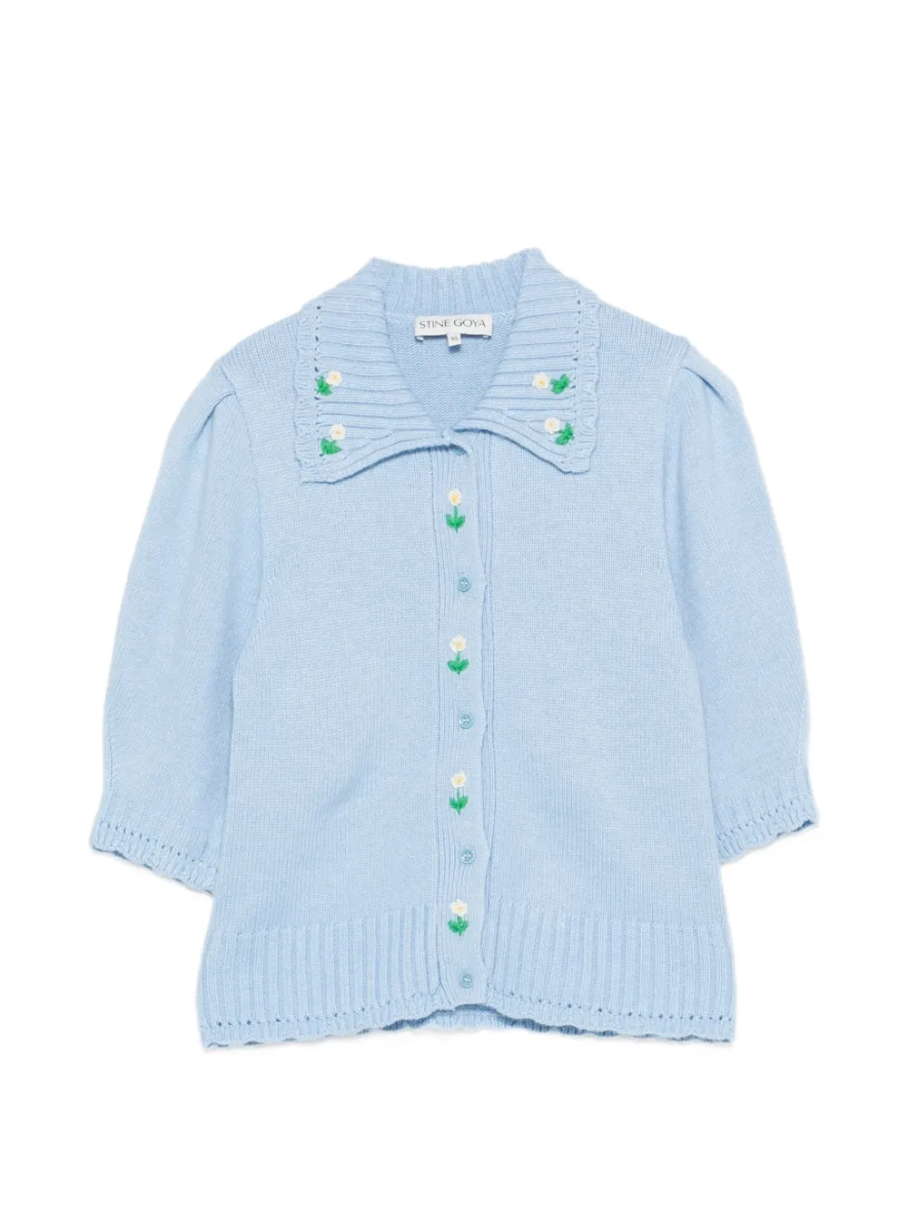 Stine Goya floral-embroidered puff-sleeve cardigan - Blu