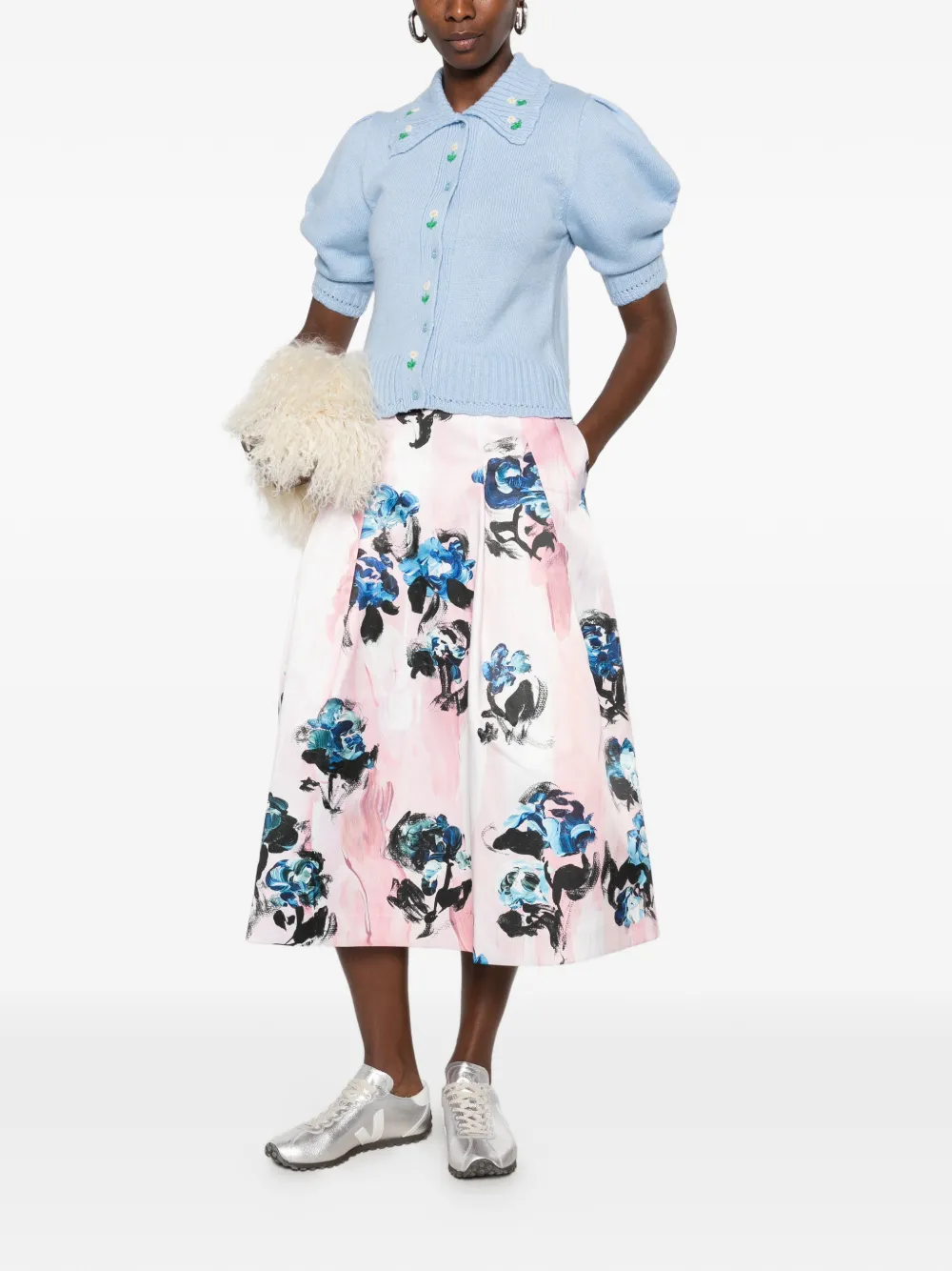 Stine Goya floral-embroidered puff-sleeve cardigan Blauw