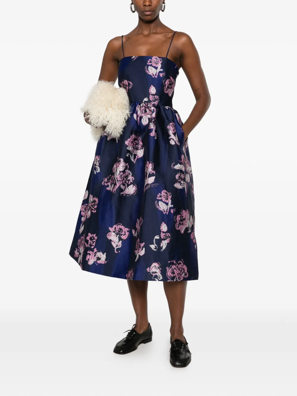 Stine Goya floral-jacquard flared midi dress Blauw