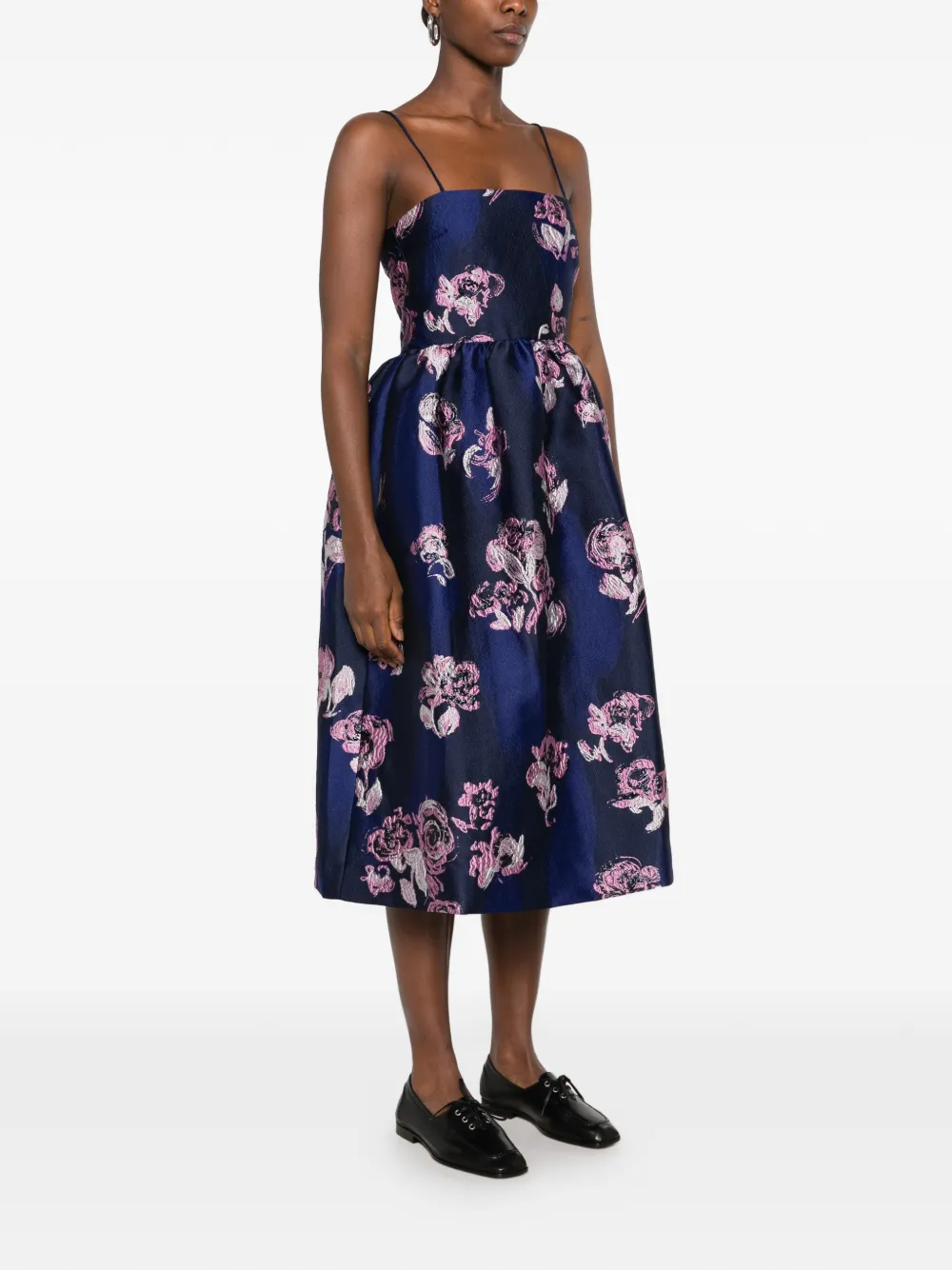 Stine Goya floral-jacquard flared midi dress Blauw