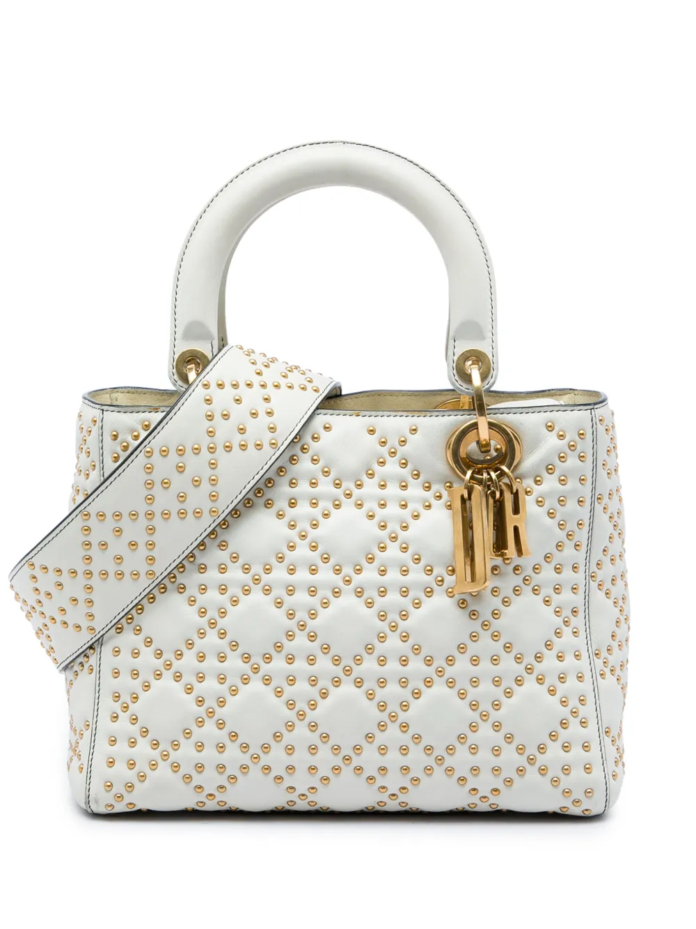 Christian Dior Pre-Owned 2017 Medium Lambskin Cannage Studded Supple Lady Dior satchel - Bianco