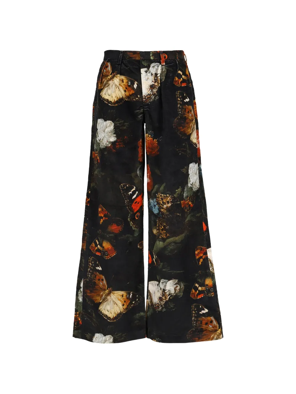 R13 floral-butterfly double-pleat trousers Zwart