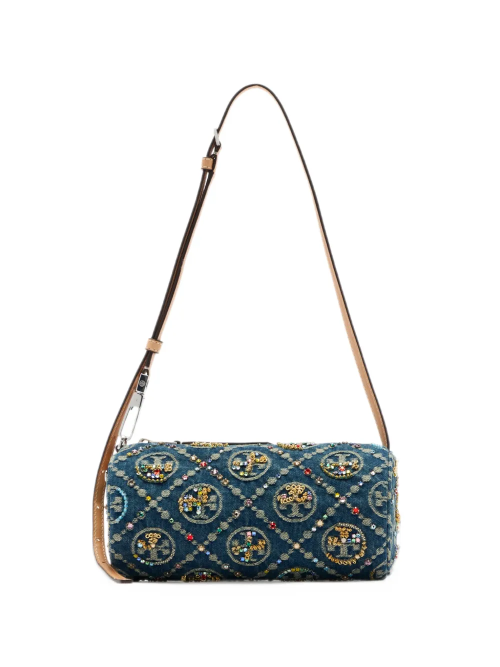 Tory Burch T Monogram denim embellished Cylinder bag - Blu