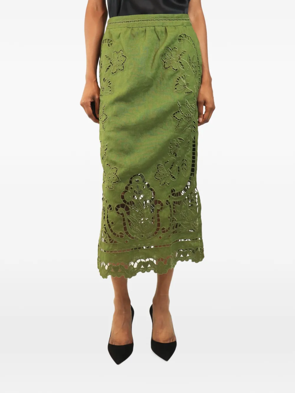 FARM Rio broderie-anglaise midi skirt - Grün