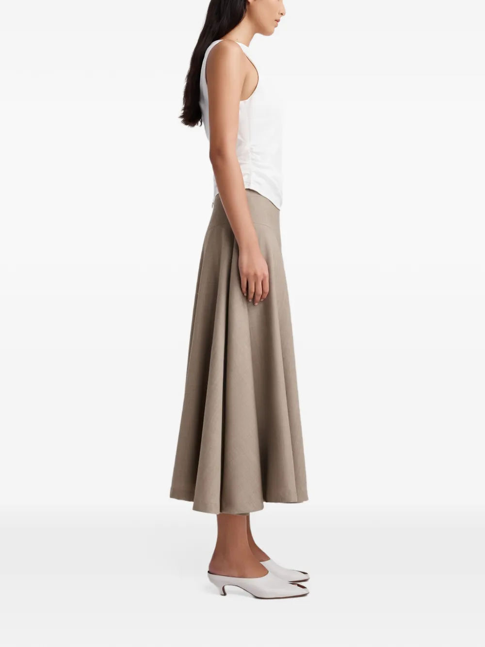 Anna Quan Scarpa asymmetric-seam flared midi skirt Beige